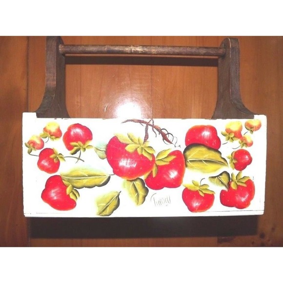 Hand Painted Strawberries Wood Caddy Box Garden Primitive Country Style Divided - Picture 1 of 8